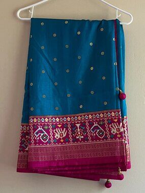 Blue and Pink Patola Silk Satin Saree tribal indian wedding elephant pooja desi